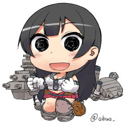 Rule 34 | 10s, 1girl, :d, abua, agano (kancolle), black eyes, black hair, chibi, gloves, kantai collection, long hair, looking at viewer, machinery, navel, open mouth, pleated skirt, school uniform, serafuku, simple background, skirt, smile, solo, turret, twitter username, white background, white gloves