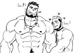 Rule 34 | 2boys, abs, arm grab, bara, beard, blush, chest hair, completely nude, couple, dopey (dopq), facial hair, fangs, gameplay mechanics, greyscale, head tilt, interspecies, jewelry, large pectorals, level difference, level up, male focus, monochrome, monster boy, multiple boys, muscular, muscular male, navel, navel hair, necklace, nipples, nude, orc, original, pectorals, pointy ears, short hair, size difference, sketch, tooth necklace, yaoi