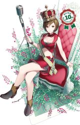 Rule 34 | 1girl, armband, boots, breasts, brown eyes, brown hair, cleavage, collar, crop top, crossed legs, crown, female focus, full body, ixima, lace, lace-trimmed skirt, lace trim, legs, meiko (vocaloid), meiko (vocaloid3), microphone, microphone stand, midriff, nail polish, navel, official art, short hair, sitting, skirt, throne, transparent background, vintage microphone, vocaloid