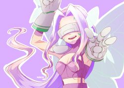 Rule 34 | 1girl, bikini, breasts, butterfly hair ornament, butterfly wings, butterfly wings gauntlets, digimon, digimon frontier, facial mark, fairimon, garter straps, gauntlets, gloves, hair ornament, highres, insect wings, long hair, mask, medium breasts, open mouth, purple hair, smile, swimsuit, teeth, upper body, upper teeth only, very long hair, visor, wings