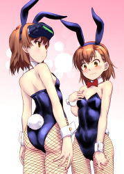 Rule 34 | 2girls, animal ears, arms at sides, ass, back, black leotard, blurry, blush, bokeh, bow, bowtie, breasts, brown eyes, brown hair, clone, closed mouth, collarbone, covered navel, cowboy shot, depth of field, detached collar, embarrassed, eyebrows, fake animal ears, fishnet pantyhose, fishnets, from behind, frown, gradient background, hand on own chest, head-mounted display, legs apart, lens flare, leotard, looking afar, looking away, looking down, misaka imouto, misaka mikoto, multiple girls, pantyhose, playboy bunny, rabbit ears, rabbit tail, raika9, red bow, red bowtie, short hair, skin tight, small breasts, standing, strapless, strapless leotard, tail, toaru kagaku no railgun, toaru majutsu no index, wavy mouth, wrist cuffs, yellow background