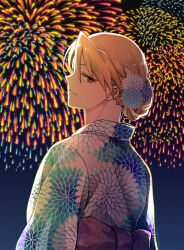 Rule 34 | 1girl, alternate costume, blonde hair, blue kimono, brown eyes, closed mouth, commentary request, earrings, fireworks, floral print, flower, folded ponytail, from behind, fullmetal alchemist, hair flower, hair ornament, highres, japanese clothes, jewelry, kimono, long sleeves, looking at viewer, night, night sky, outdoors, riza hawkeye, sash, sky, smile, solo, stud earrings, takafuji yuna, yukata