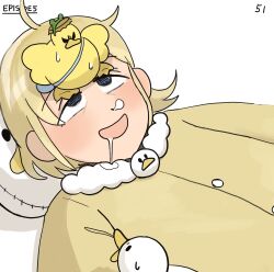 Rule 34 | 1girl, bag, bird, blonde hair, bottle cap, clumsy nun (diva), diva (hyxpk), drooling, duck, duckling, empty eyes, frog headband, fur-trimmed pajamas, highres, nose bubble, numbered, open mouth, original, pajamas, pillow, simple background, sleeping, sleeping with eyes open, sweatdrop, yellow pajamas