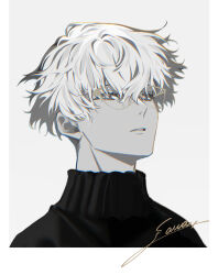Rule 34 | 1boy, black sweater, border, glasses, grey eyes, grey hair, highres, looking at viewer, male focus, original, parted lips, portrait, short hair, signature, sogawa, solo, sweater, turtleneck, turtleneck sweater, white border