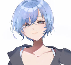 Rule 34 | 1girl, arknights, black jacket, blue hair, collarbone, commentary request, grey eyes, highres, jacket, looking at viewer, raramente, short hair, simple background, smile, solo, spuria (arknights), upper body, white background