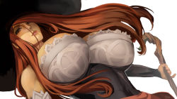 Rule 34 | 1girl, bare shoulders, black background, breasts, brown eyes, cleavage, covered erect nipples, detached sleeves, dragon&#039;s crown, dress, dutch angle, emilio lopez, faux traditional media, from below, hat, holding, holding weapon, huge breasts, large breasts, lips, long hair, looking at viewer, orange hair, pinky out, polearm, red hair, shadow, simple background, solo, sorceress (dragon&#039;s crown), staff, strapless, strapless dress, two-tone background, underbust, upper body, vanillaware, wand, weapon, white background, witch, witch hat