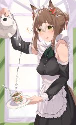 Rule 34 | 1girl, absurdres, alternate costume, animal ears, breasts, brown hair, commentary request, cup, decantering, detached sleeves, fine motion (umamusume), food, green eyes, hair between eyes, hair bun, hair ornament, highres, horse ears, horse girl, horse tail, maid, maid headdress, medium breasts, nissin cup noodle, noodles, open mouth, plate, single hair bun, solo, tail, teacup, umamusume, water, ya.yu.