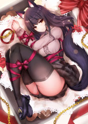 Rule 34 | 1girl, animal ears, ass, black hair, blush, bound, bound legs, box, collar, commentary request, highres, in box, in container, leash, loafers, long hair, looking at viewer, lying, mafuyu (kanden shoujyo), on side, original, revision, shoes, skirt, solo, tail, thighhighs, valentine, wolf ears, wolf girl, wolf tail, yellow eyes