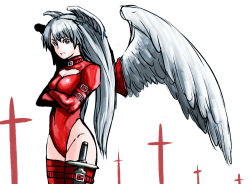 Rule 34 | 1girl, angel wings, boots, breasts, cross, final fantasy, final fantasy tactics, gloves, ha-chan, head wings, leotard, long hair, medium breasts, red eyes, red leotard, solo, sword, thigh boots, thighhighs, ultima (fft), weapon, white hair, wings