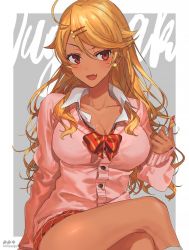 Rule 34 | 1girl, amaryllis gumi, bad id, bad twitter id, blonde hair, blush, bow, bowtie, breasts, cleavage, collarbone, commentary request, earrings, grey background, gyaru, hair ornament, hairclip, hou (ppo), jewelry, kogal, large breasts, crossed legs, long hair, looking at viewer, open clothes, open mouth, open shirt, ouga saki, pink sweater, plaid, plaid skirt, shirt, sitting, skirt, solo, star (symbol), star earrings, sweater, virtual youtuber, white shirt