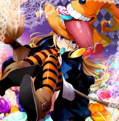 Rule 34 | 1girl, bad id, bad pixiv id, blonde hair, blush, broom, candy, food, hat, hirococo, holding, lollipop, long hair, looking at viewer, original, purple eyes, solo, striped clothes, striped thighhighs, swirl lollipop, thighhighs, tongue