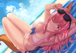 Rule 34 | 10s, 1girl, animal ears, armpits, beach, bikini, blush, breasts, cleavage, collarbone, day, fate/extra, fate/grand order, fate (series), fox ears, fox tail, keikei (kitty colors), large breasts, long hair, lying, md5 mismatch, nail polish, navel, official alternate costume, one eye closed, open mouth, outdoors, pink hair, resolution mismatch, solo, source larger, sunglasses, sunglasses on head, swimsuit, tail, tamamo (fate), tamamo no mae (fate/extra), tamamo no mae (sexy bikini) (fate), white bikini, yellow eyes