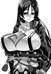 Rule 34 | blush, breasts, covered erect nipples, covered navel, fate/grand order, fate (series), greyscale, huge breasts, long hair, looking down, minamoto no raikou (fate), monochrome, parted bangs, smile, very long hair, white background, yukinojou yakan