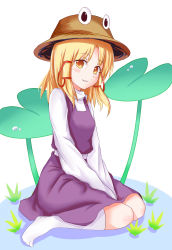 Rule 34 | 1girl, :3, absurdres, blonde hair, blush, breasts, closed mouth, from side, full body, hair ribbon, hat, highres, long sleeves, looking at viewer, looking to the side, moriya suwako, oaid, purple skirt, purple vest, red ribbon, ribbon, shirt, sitting, skirt, skirt set, small breasts, smile, solo, tabi, touhou, tress ribbon, v arms, vest, wariza, white legwear, white shirt, yellow eyes