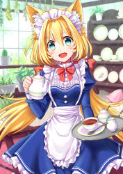 Rule 34 | 1girl, :d, animal ears, apron, aqua eyes, back bow, blonde hair, blue dress, blush, bow, bowtie, cactus, cat ears, center frills, coconat summer, commentary request, creamer (vessel), cup, dress, fang, frilled shirt collar, frills, hair between eyes, highres, holding, holding tray, long hair, looking at viewer, open mouth, original, plant, plate, potted plant, red bow, red bowtie, shelf, smile, solo, spoon, sugar bowl, teacup, teapot, tray, twintails, waist apron, white apron, window