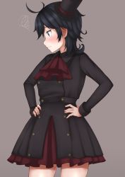 Rule 34 | 1girl, ahoge, alternate costume, ascot, black dress, black hair, commentary request, cowboy shot, dress, green eyes, grey background, hands on own hips, hat, highres, kantai collection, matsukaze (kancolle), mini hat, mini top hat, profile, red ascot, short hair, simple background, solo, squiggle, standing, swept bangs, tiemu (man190), top hat, underskirt, wavy hair