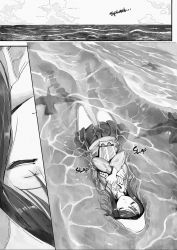 Rule 34 | 10s, 1girl, afloat, closed eyes, comic, girls und panzer, greyscale, hat, highres, instrument, kantele, keizoku school uniform, ladic, long hair, mika (girls und panzer), monochrome, partially submerged, school uniform, shirt, solo, striped clothes, striped shirt, vertical-striped clothes, vertical-striped shirt, water