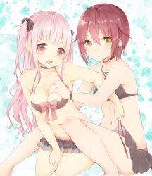 Rule 34 | 2girls, bikini, black bikini, commentary request, fang, frilled bikini, frills, grabbing, grabbing another&#039;s breast, head tilt, highres, kneeling, leaning to the side, looking at viewer, manatsuki manata, multiple girls, original, short hair, sitting, skin fang, swimsuit, two side up, underwear, underwear only