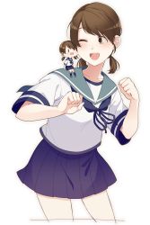 Rule 34 | 1girl, ;d, blue sailor collar, blue skirt, brown eyes, brown hair, cheek-to-cheek, collared shirt, cowboy shot, fairy (kancolle), heads together, highres, kantai collection, looking at another, low twintails, mini person, minigirl, neckerchief, one eye closed, open mouth, parted bangs, pleated skirt, sailor collar, school uniform, serafuku, shirayuki (kancolle), shirt, short sleeves, short twintails, simple background, skirt, smile, solo, tanaka io (craftstudio), twintails, white background