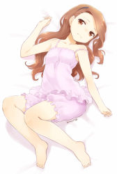 Rule 34 | 1girl, 2014, barefoot, bloomers, brown eyes, brown hair, camisole, collarbone, dated, feet, full body, hair ornament, idolmaster, idolmaster (classic), legs, long hair, looking at viewer, lying, minase iori, nagian, on back, pajamas, shorts, solo, strap slip, toes, underwear, underwear only