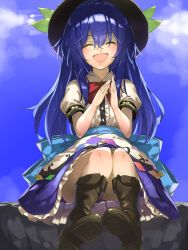 Rule 34 | 1girl, ^ ^, blue hair, blue ribbon, blue skirt, blue sky, boots, closed eyes, cloud, commentary request, day, dress, facing viewer, hair between eyes, hands up, hat, hinanawi tenshi, layered dress, leaf, legs together, long hair, open mouth, piyodesu, puffy short sleeves, puffy sleeves, red neckwear, red ribbon, ribbon, short sleeves, sitting, skirt, sky, smile, solo, touhou, very long hair