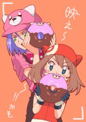 Rule 34 | 1boy, 1girl, bewear, creatures (company), doughnut, food, game freak, gen 7 pokemon, happy, highres, james (pokemon), macchiromomomo, may (pokemon), nintendo, orange background, pokemon, pokemon (anime), pokemon rse (anime), pokemon sm (anime), worried