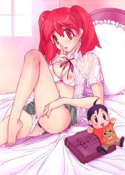 Rule 34 | 1girl, bag, barefoot, bed, blouse, bow, bow bra, bra, breasts, censored, cleavage, cover, feet, hinata natsumi, keroro gunsou, kobayashi masakazu, lace, lace-trimmed bra, lace trim, lingerie, medium breasts, miniskirt, open clothes, open shirt, panties, panty pull, pillow, red eyes, red hair, school bag, school uniform, see-through, shirt, sitting, skirt, smile, solo, sweat, toe-point, twintails, underwear, white bra, white panties