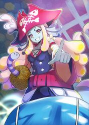 Rule 34 | 1girl, blonde hair, blue eyes, blue skin, breasts, cleavage, colored skin, duel monster, fins, gold pride - captain carrie, hat, head fins, highres, hook hand, jay b 098, long hair, long sleeves, medium breasts, pirate hat, pointing, pointing at viewer, puffy sleeves, red eyes, smile, solo, yellow eyes, yu-gi-oh!