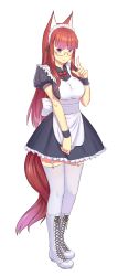 Rule 34 | 1girl, animal ears, apron, boots, cross-laced footwear, dongqing zaozigao, full body, garter straps, glasses, highres, knee boots, lace-up boots, long hair, looking at viewer, maid, maid apron, maid headdress, original, purple eyes, red hair, smile, solo, tail, thighhighs, transparent background, very long hair, white footwear