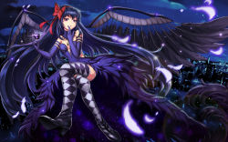 Rule 34 | 10s, 1girl, akemi homura, akuma homura, argyle, argyle clothes, argyle legwear, bare shoulders, black footwear, black wings, blue dress, blue gloves, blue hair, blurry, bokeh, bow, breasts, building, choker, city, cleavage, cloud, crossed legs, dark orb (madoka magica), depth of field, detached collar, dress, dutch angle, feathered wings, feathers, finger to face, floating, full body, gloves, glowing, hair bow, hairband, high heels, holding, index finger raised, lens flare, long hair, mahou shoujo madoka magica, mahou shoujo madoka magica: hangyaku no monogatari, medium breasts, motion blur, night, night sky, outdoors, red bow, red hairband, sakuredream, shoes, sky, solo, soul gem, spoilers, star (sky), starry sky print, thighhighs, upskirt, very long hair, wings