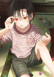 Rule 34 | 1boy, black hair, child, facing viewer, feet out of frame, holding, holding toy, indoors, knee up, looking at object, male focus, marble (toy), orange eyes, original, panmijin99, pocket, red eyes, shirt, shorts, striped clothes, striped shirt, tatami, toy