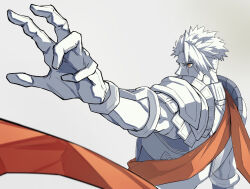 Rule 34 | 1boy, achilles (fate), armor, fate/apocrypha, fate (series), gauntlets, grey background, haruakira, looking to the side, male focus, monochrome, orange eyes, orange sash, reaching, short hair, simple background, solo, spot color, undercut, upper body