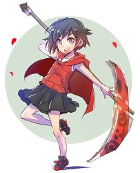 Rule 34 | 1girl, black hair, black skirt, cape, cardboard, child, fighting stance, iesupa, multicolored hair, petals, red hair, ruby rose, rwby, scythe, shoes, grey eyes, skirt, sneakers, solo, aged down