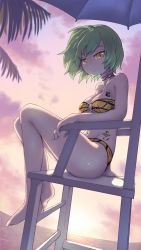 Rule 34 | 1girl, bare arms, bare legs, bare shoulders, barefoot, bikini, breast tattoo, breasts, chair, cleavage, collarbone, commentary, english commentary, feet, female focus, from below, from side, full body, green hair, highres, hikage (senran kagura), large breasts, looking at viewer, multicolored bikini, multicolored clothes, outdoors, palm tree, rou (rou22), senran kagura, short hair, sitting, sky, slit pupils, solo, strapless, strapless bikini, sunset, swimsuit, tattoo, tree, water, wavy mouth, yellow eyes