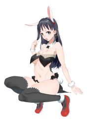 Rule 34 | 1girl, animal ears, bad id, bad pixiv id, black eyes, black hair, black thighhighs, breasts, cleavage, detached collar, earrings, fang, hair ornament, highres, jewelry, large breasts, long hair, looking at viewer, navel, open mouth, original, rabbit ears, rabbit tail, simple background, solo, tail, thighhighs, underboob, white background, yzh chan