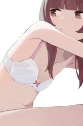 1girl bow bow_bra bra brown_eyes closed_mouth collarbone dot_mouth flat_chest highres hiroki_(yyqw7151) long_hair looking_to_the_side navel original pink_bra red_hair simple_background sitting solo underwear underwear_only white_background white_bra