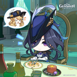 Rule 34 | &gt; &lt;, 2girls, :d, absurdres, black hat, blonde hair, blue capelet, bottle, capelet, chair, chibi, clorinde (genshin impact), commentary request, earrings, fork, genshin impact, gloves, hat, hat feather, highres, holding, holding fork, holding knife, jewelry, knife, multiple girls, navia (genshin impact), official art, open mouth, plate, shirt, smile, steak tartare, tricorne, white gloves, white shirt