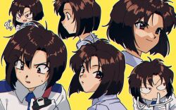 Rule 34 | 1girl, brown hair, gloves, looking at viewer, looking back, looking to the side, looking up, multiple views, nzeneee, parted bangs, police, police uniform, policewoman, profile, red eyes, short hair, smile, taiho shichauzo, tsujimoto natsumi, uniform, upper body, white gloves, yellow background