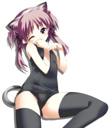 Rule 34 | 00s, 1girl, animal ears, black one-piece swimsuit, black school swimsuit, blush, breasts, cat ears, cat girl, cat tail, derivative work, female focus, flat chest, nanako (to heart 2), one-piece swimsuit, purple eyes, purple hair, ribbon, rindou (awoshakushi), school swimsuit, short twintails, small breasts, solo, swimsuit, tail, thighhighs, third-party edit, to heart (series), to heart 2, to heart 2 ad, twintails, white background