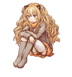 Rule 34 | 1girl, animal ears, anonymous drawfag, big hair, blonde hair, blue eyes, blush, boots, cat ears, crossed arms, fang, highres, hugging own legs, knee boots, knees to chest, long hair, scarf, seeu, sitting, skirt, solo, thighhighs, very long hair, vocaloid, wavy hair, white thighhighs