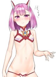 Rule 34 | 1girl, bare arms, bare shoulders, blush, breasts, covered erect nipples, fate/grand order, fate (series), helena blavatsky (fate), helena blavatsky (swimsuit archer) (fate), helena blavatsky (swimsuit archer) (second ascension) (fate), kanzaki muyu, looking at viewer, navel, purple eyes, purple hair, short hair, simple background, small breasts, smile, solo, stomach, white background