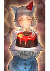 Rule 34 | 1girl, ^ ^, animal ears, birthday cake, blue pants, blush, brown background, cake, closed eyes, collared shirt, commentary request, facial mark, facing viewer, food, grey hair, grin, happy birthday, hat, highres, long sleeves, nia (xenoblade), pants, party hat, r123, red hat, shirt, short hair, smile, solo, thick eyebrows, tilted headwear, v-shaped eyebrows, white shirt, xenoblade chronicles (series), xenoblade chronicles 2