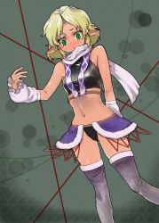 Rule 34 | 1girl, adapted costume, alternate costume, asakawa remon, bare shoulders, blonde hair, detached sleeves, female focus, green eyes, midriff, mizuhashi parsee, navel, pointy ears, short hair, skirt, solo, thighhighs, touhou, wrist cuffs