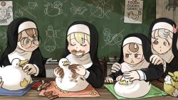 Rule 34 | 4girls, banana, bird, bite mark, black eyes, blonde hair, blue eyes, board eraser, brown eyes, brown hair, bunny nun (diva), candy, chair, chalk, chalkboard, chocolate, chocolate bar, closed eyes, clumsy nun (diva), commentary, dirty, dirty hands, diva (hyxpk), drawing, duck, eating, english commentary, english text, food, food on face, froggy nun (diva), frown, fruit, glasses, glasses nun (diva), habit, hair ornament, hand on another&#039;s face, hand on another&#039;s shoulder, handkerchief, hanging plant, headpat, highres, holding, holding candy, holding food, holding lollipop, how to, little nuns (diva), lollipop, multiple girls, neck grab, nun, open mouth, original, out of frame, plant, poster (object), potted plant, pushpin, rabbit hair ornament, riding, shadow, shoe print, silver hair, staring, stuffed animal, stuffed duck, stuffed toy, stuffing, table, throwing, tongue, tongue out, torn, traditional nun, triangle mouth, wooden table, x