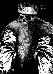 Rule 34 | 1other, beard, black background, crown, english text, facial hair, fur trim, greyscale, highres, hollow eyes, long beard, long sleeves, monochrome, original, rob bowyer, skeleton, skull, solo
