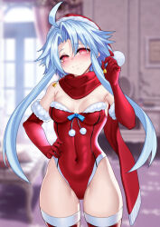 Rule 34 | 1girl, alternate breast size, alternate costume, bare shoulders, bell, bell earrings, blanc (neptunia), blush, breasts, commentary request, covered navel, cowboy shot, earrings, elbow gloves, female focus, fur-trimmed gloves, fur-trimmed headwear, fur-trimmed leotard, fur trim, gloves, hand on own hip, hand up, hat, head tilt, highres, hip focus, indoors, jewelry, leotard, looking at viewer, medium breasts, neptune (series), nyamota, pom pom (clothes), power symbol, power symbol-shaped pupils, pulled by self, pulling, red eyes, red gloves, red leotard, red scarf, santa hat, santa leotard, scarf, short hair with long locks, skin tight, smile, solo, standing, symbol-shaped pupils, thighs, white heart (neptunia)