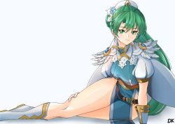 Rule 34 | 1girl, arm support, belt, boots, breasts, cape, capelet, closed mouth, commentary, deekei, feather trim, female focus, fire emblem, fire emblem: the blazing blade, fire emblem heroes, gradient background, green eyes, green hair, hair ornament, highres, knee boots, long hair, looking at viewer, lyn (fire emblem), matching hair/eyes, medium breasts, nintendo, pelvic curtain, shiny skin, short sleeves, signature, simple background, sitting, solo, thighs