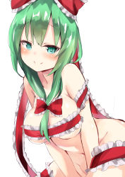 Rule 34 | 1girl, amamitsu kousuke, between legs, blush, bow, breasts, cleavage, closed mouth, eyebrows, frilled ribbon, frills, front ponytail, green eyes, green hair, groin, hair bow, hand between legs, kagiyama hina, large breasts, leaning forward, long hair, looking at viewer, matching hair/eyes, naked ribbon, red bow, red ribbon, ribbon, shiny skin, simple background, sitting, smile, solo, thigh strap, touhou, white background