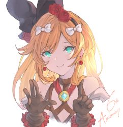 Rule 34 | 1girl, bare shoulders, betabeet, black ribbon, blush, bow, brown gloves, clarisse (granblue fantasy), clarisse (soleil blanc) (granblue fantasy), closed mouth, earrings, flower, gloves, granblue fantasy, green eyes, hair bow, hair flower, hair ornament, hair ribbon, hairband, highres, jewelry, lips, long hair, looking at viewer, orange hair, red flower, red rose, ribbon, rose, simple background, sketch, smile, solo, swept bangs, upper body, white background, white bow