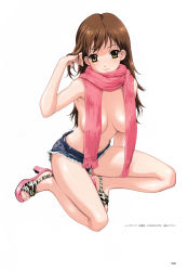 Rule 34 | 00s, 1girl, 2006, armpits, artbook, breasts, brown hair, cleavage, denim, denim shorts, full body, happoubi jin, high heels, highres, lips, long hair, open shoes, pink scarf, sandals, scan, scarf, shoes, shorts, simple background, sitting, smile, solo, sweet body, thighs, topless, white background, yellow eyes